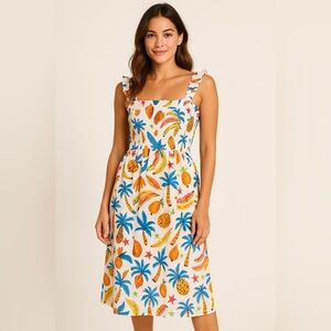 Bellamoretta Italy Tropical Smocked Midi Dress M • Fruit Print • Ruffle Straps